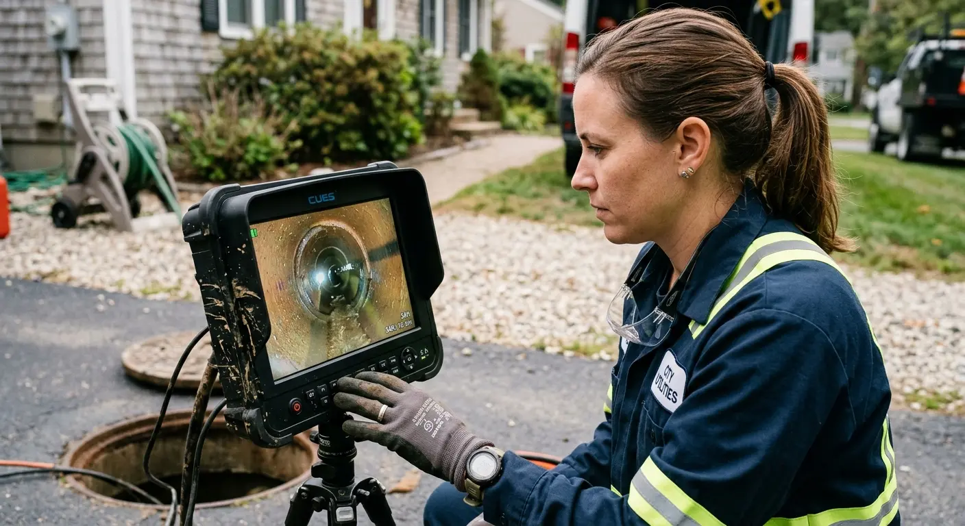 Technician reviewing sewer camera inspection footage in Casa de Oro-Mount Helix