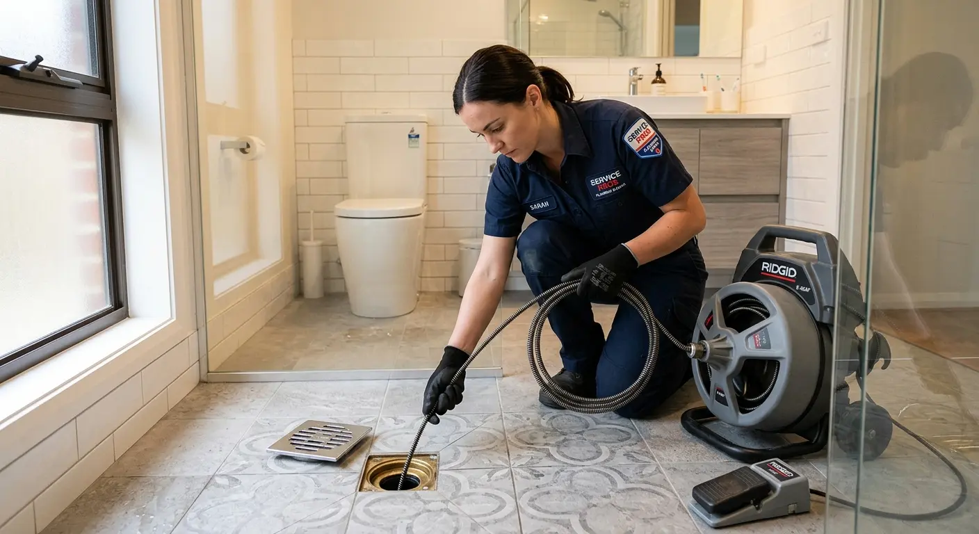 Technician clearing a bathroom floor drain for Drain Cleaning in Casa de Oro-Mount Helix